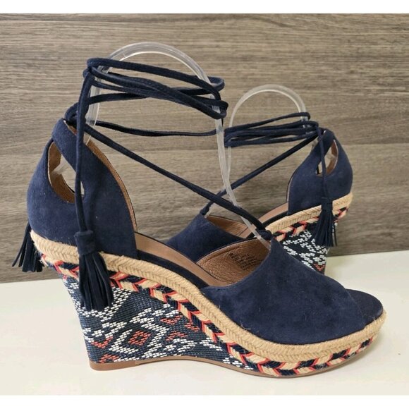 CAbi Isla Wedge Espadrille Sandals Size 7 Navy Blue Multi Tassel Strap - Picture 2 of 7